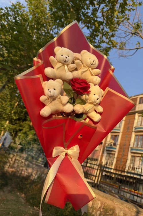 4'Lü Bej Oturan Peluş Ayı Buketi