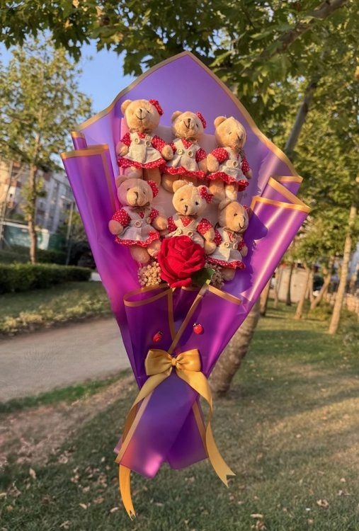 6'Lı Ekose Elbiseli Peluş Ayı Buketi